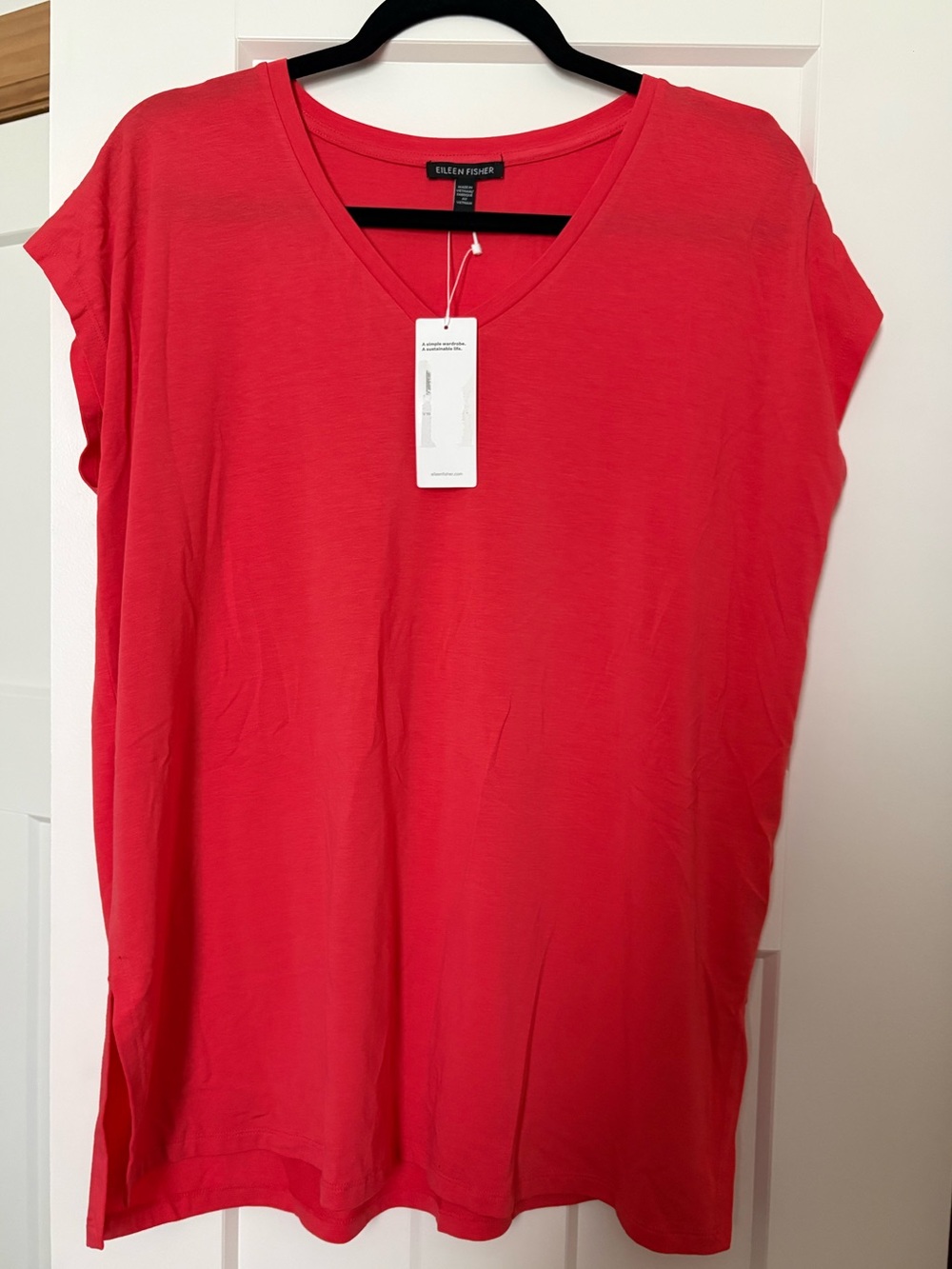 Eileen Fisher Coral-Red V-Neck Short Sleeve Tee NWT